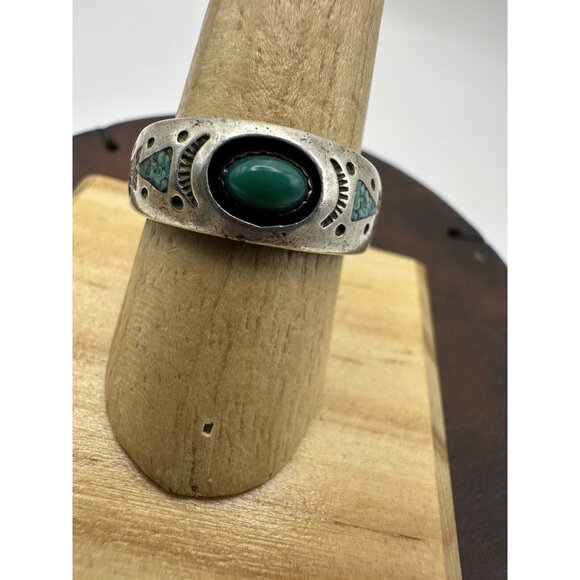 Navajo Coral & Turquoise Chip Sterling Silver Shadowbox Ring Sz 8.75 Signed MD - Picture 2 of 9